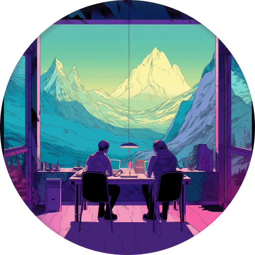 An image of two people working together in a windowed office with a view of the mountains in the background.