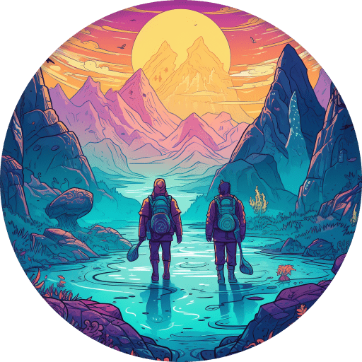 An image of two travellers walking on a path in a futuristic wilderness